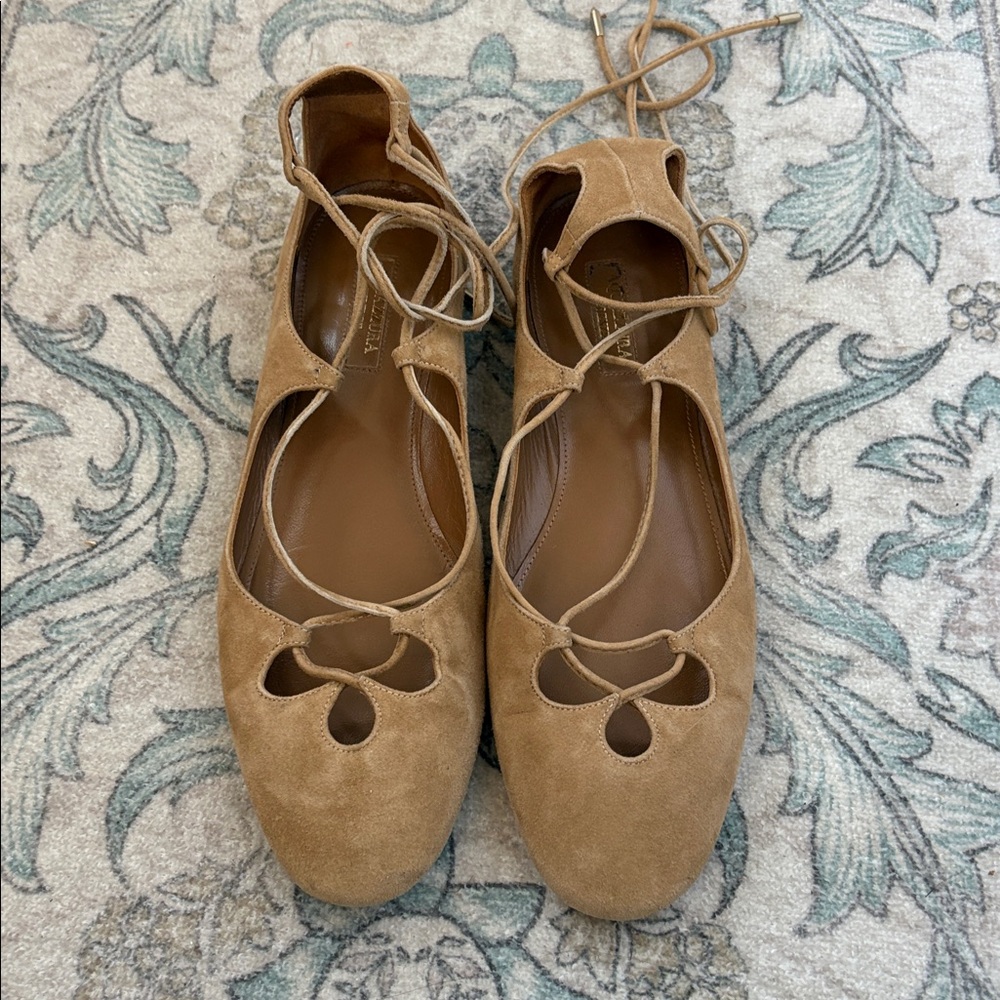Aquazzura Suede Dancer Lace Up Ballet Flats Shoes